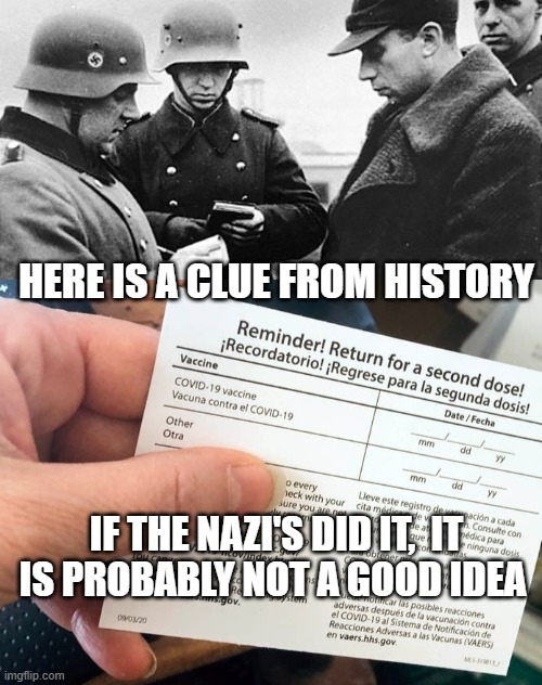 not a good idea | HERE IS A CLUE FROM HISTORY; IF THE NAZI'S DID IT,  IT IS PROBABLY NOT A GOOD IDEA | image tagged in vaccination papers please | made w/ Imgflip meme maker