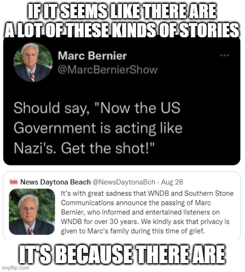Third in a month | IF IT SEEMS LIKE THERE ARE A LOT OF THESE KINDS OF STORIES; IT'S BECAUSE THERE ARE | image tagged in covid-19,idiots,covidiots | made w/ Imgflip meme maker