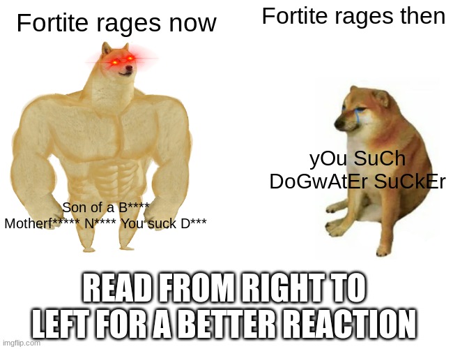 Fortnite rages then VS. now | Fortite rages then; Fortite rages now; yOu SuCh DoGwAtEr SuCkEr; Son of a B**** Motherf***** N**** You suck D***; READ FROM RIGHT TO LEFT FOR A BETTER REACTION | image tagged in memes,buff doge vs cheems | made w/ Imgflip meme maker