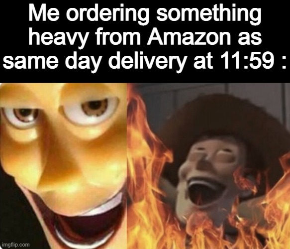 im gonna watch them suffer >:) | Me ordering something heavy from Amazon as same day delivery at 11:59 : | image tagged in evil woody,evil | made w/ Imgflip meme maker