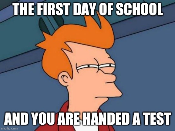 Futurama Fry | THE FIRST DAY OF SCHOOL; AND YOU ARE HANDED A TEST | image tagged in memes,futurama fry | made w/ Imgflip meme maker