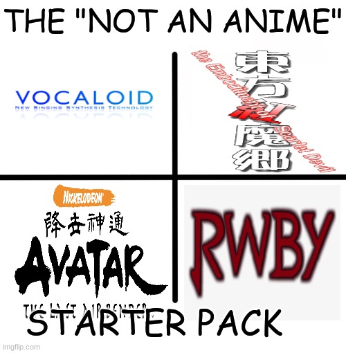 the not an anime starter pack |  THE "NOT AN ANIME"; STARTER PACK | image tagged in memes,blank starter pack,vocaloid,touhou,avatar the last airbender,rwby | made w/ Imgflip meme maker