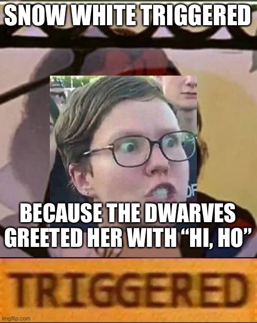 if you don’t get this, good | SNOW WHITE TRIGGERED; BECAUSE THE DWARVES GREETED HER WITH “HI, HO” | image tagged in snow white pakidge blank,roblox triggered | made w/ Imgflip meme maker