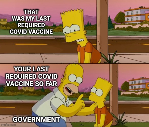 When will it stop?  Please comment. | THAT WAS MY LAST REQUIRED COVID VACCINE; YOUR LAST REQUIRED COVID VACCINE SO FAR; GOVERNMENT | image tagged in simpsons so far,vaccines,covid | made w/ Imgflip meme maker