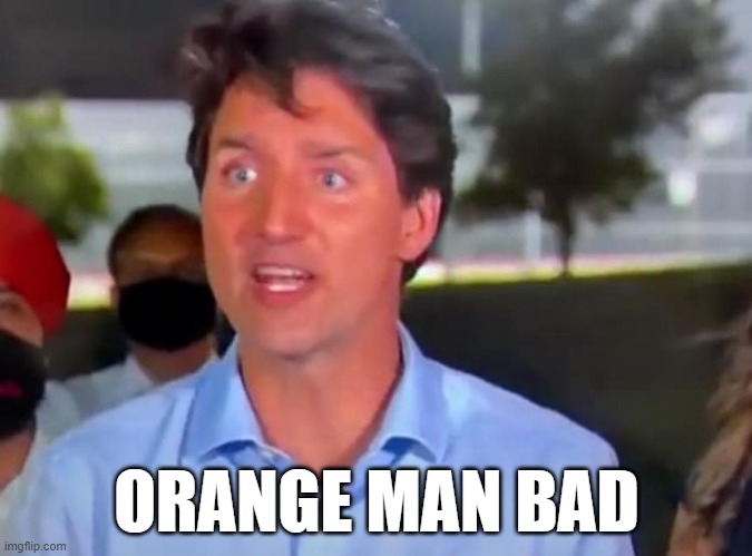 Orange Man Bad | ORANGE MAN BAD | image tagged in justin trudeau orange man bad | made w/ Imgflip meme maker