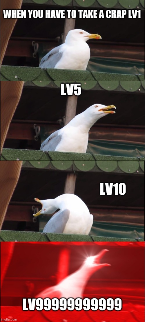 Inhaling Seagull | WHEN YOU HAVE TO TAKE A CRAP LV1; LV5; LV10; LV99999999999 | image tagged in memes,inhaling seagull | made w/ Imgflip meme maker