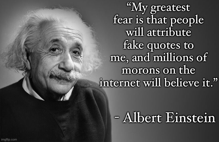 albert einstein quotes | “My greatest fear is that people will attribute fake quotes to me, and millions of morons on the internet will believe it.” - Albert Einstei | image tagged in albert einstein quotes | made w/ Imgflip meme maker