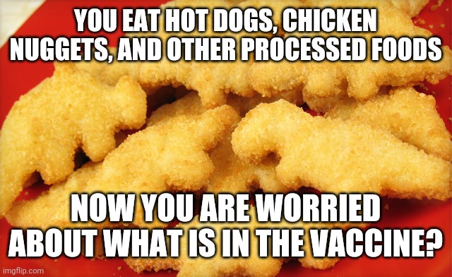 Mom sent me this comment from Facebook | YOU EAT HOT DOGS, CHICKEN NUGGETS, AND OTHER PROCESSED FOODS; NOW YOU ARE WORRIED ABOUT WHAT IS IN THE VACCINE? | image tagged in dinosaur chicken nuggets,vaccine,health,science,covid | made w/ Imgflip meme maker