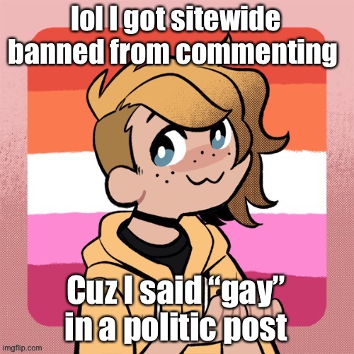 lol I got sitewide banned from commenting; Cuz I said “gay” in a politic post | image tagged in hey look it s bean | made w/ Imgflip meme maker