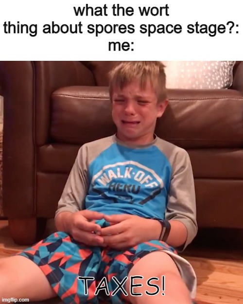 why | what the wort thing about spores space stage?:
me:; TAXES! | image tagged in kid taxes | made w/ Imgflip meme maker