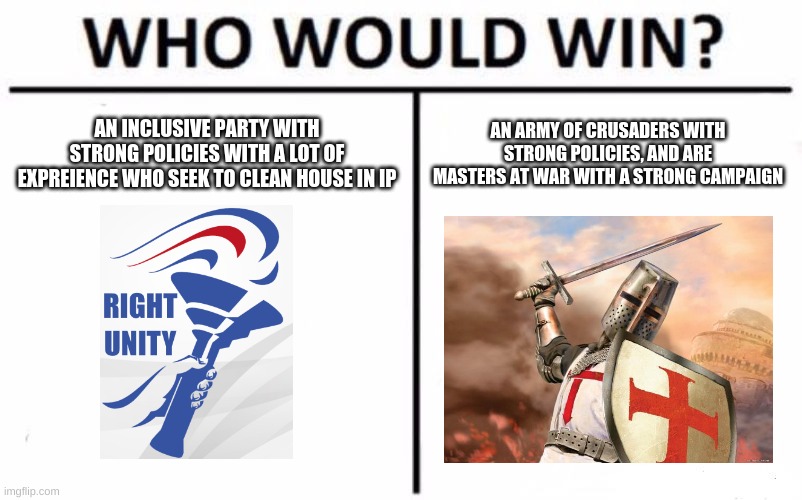 Who knows? We'll see... Even though RUP is winning by 10 points, the HCP can make a comeback | AN INCLUSIVE PARTY WITH STRONG POLICIES WITH A LOT OF EXPREIENCE WHO SEEK TO CLEAN HOUSE IN IP; AN ARMY OF CRUSADERS WITH STRONG POLICIES, AND ARE MASTERS AT WAR WITH A STRONG CAMPAIGN | image tagged in memes,who would win | made w/ Imgflip meme maker