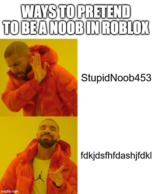 Drake Hotline Bling | WAYS TO PRETEND TO BE A NOOB IN ROBLOX; StupidNoob453; fdkjdsfhfdashjfdkl | image tagged in memes,drake hotline bling | made w/ Imgflip meme maker