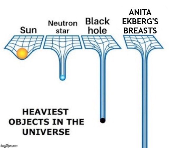 heaviest objects in the universe | ANITA EKBERG'S BREASTS | image tagged in heaviest objects in the universe | made w/ Imgflip meme maker