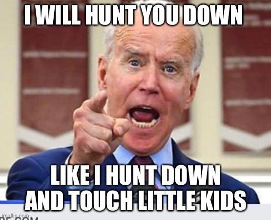 Hunt Down | I WILL HUNT YOU DOWN; LIKE I HUNT DOWN AND TOUCH LITTLE KIDS | image tagged in joe biden no malarkey | made w/ Imgflip meme maker