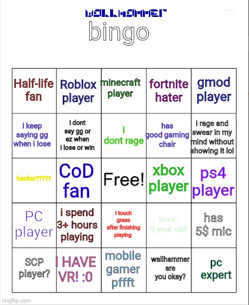 Toxic Roblox Bingo Card