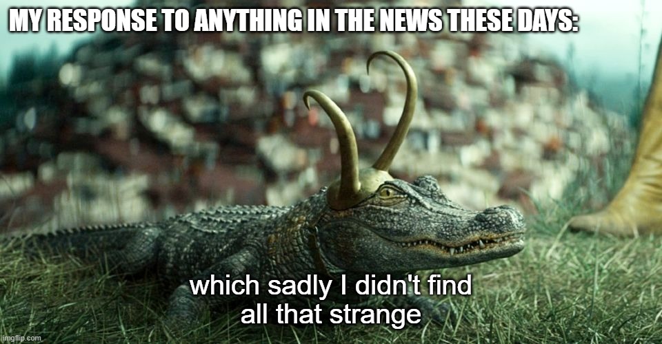 The News has Teeth | MY RESPONSE TO ANYTHING IN THE NEWS THESE DAYS:; which sadly I didn't find
all that strange | image tagged in loki | made w/ Imgflip meme maker