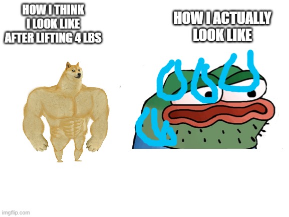 Veri relaytable | HOW I ACTUALLY LOOK LIKE; HOW I THINK I LOOK LIKE AFTER LIFTING 4 LBS | image tagged in blank white template | made w/ Imgflip meme maker