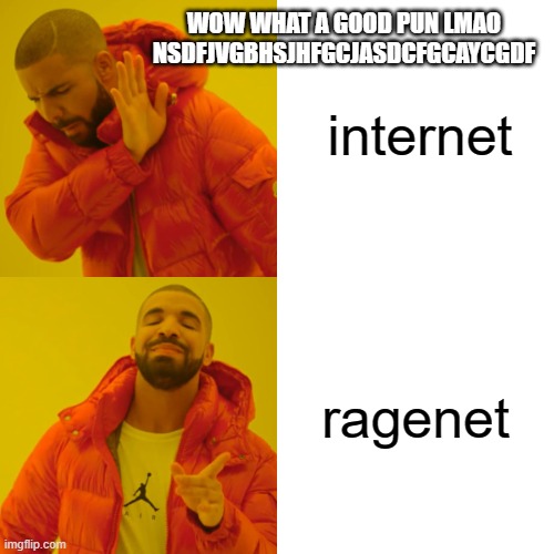 Drake Hotline Bling | internet; WOW WHAT A GOOD PUN LMAO NSDFJVGBHSJHFGCJASDCFGCAYCGDF; ragenet | image tagged in memes,drake hotline bling | made w/ Imgflip meme maker