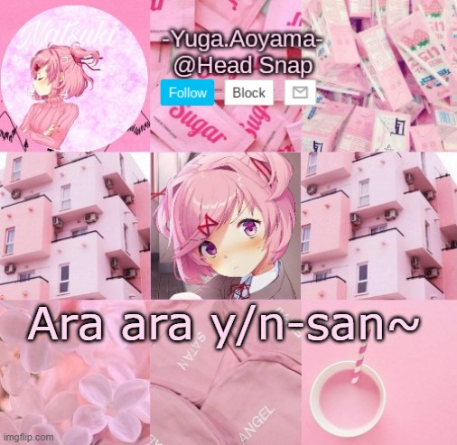 Natsuki temp | Ara ara y/n-san~ | image tagged in natsuki temp | made w/ Imgflip meme maker