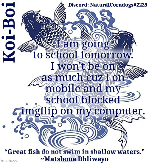 Koi-Boi's fish template | I am going to school tomorrow. I won't be on as much cuz I on mobile and my school blocked imgflip on my computer. | image tagged in koi-boi's fish template | made w/ Imgflip meme maker