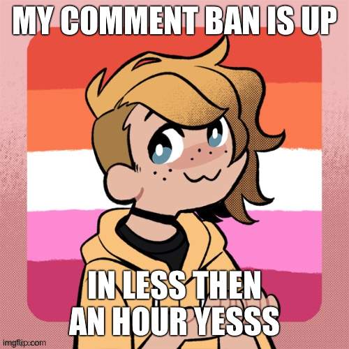 MY COMMENT BAN IS UP; IN LESS THEN AN HOUR YESSS | image tagged in hey look it s bean | made w/ Imgflip meme maker