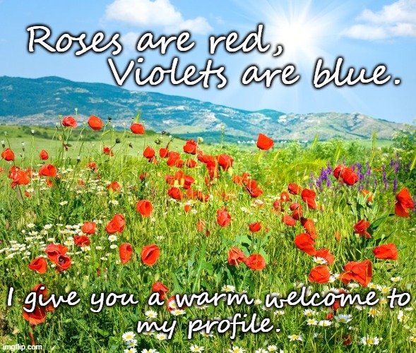 hello | Violets are blue. Roses are red, I give you a warm welcome to
my profile. | image tagged in poetic landscape | made w/ Imgflip meme maker