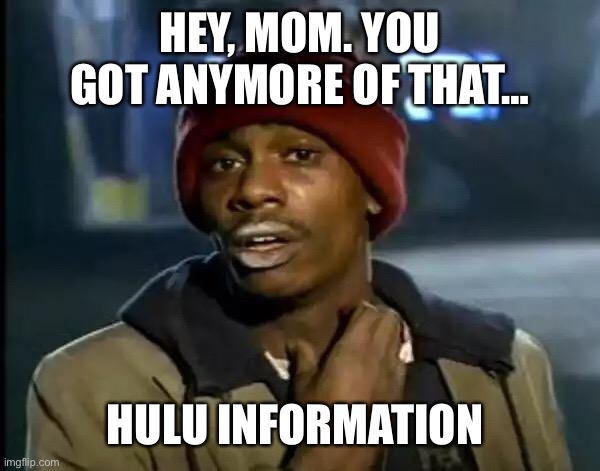 Kids be all like… | HEY, MOM. YOU GOT ANYMORE OF THAT…; HULU INFORMATION | image tagged in memes,y'all got any more of that | made w/ Imgflip meme maker