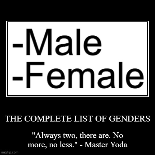 Only the MALE and FEMALE genders have their own reproductive systems. How do you think people make babies? | image tagged in memes,funny,demotivationals,genders,yoda,gifs | made w/ Imgflip demotivational maker