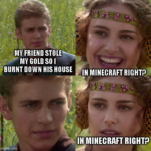 Minecraft meme | MY FRIEND STOLE MY GOLD SO I BURNT DOWN HIS HOUSE; IN MINECRAFT RIGHT? IN MINECRAFT RIGHT? | image tagged in anikin padme | made w/ Imgflip meme maker