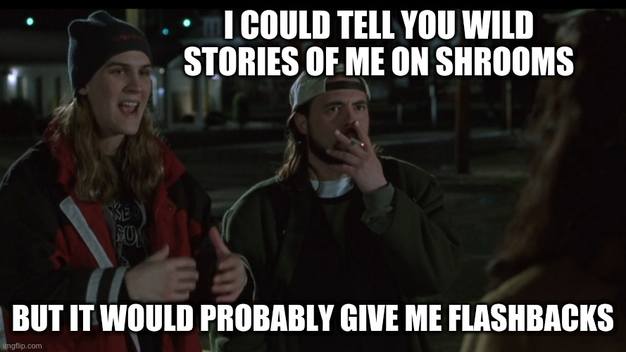 hell yeah | I COULD TELL YOU WILD STORIES OF ME ON SHROOMS; BUT IT WOULD PROBABLY GIVE ME FLASHBACKS | image tagged in hell yeah | made w/ Imgflip meme maker