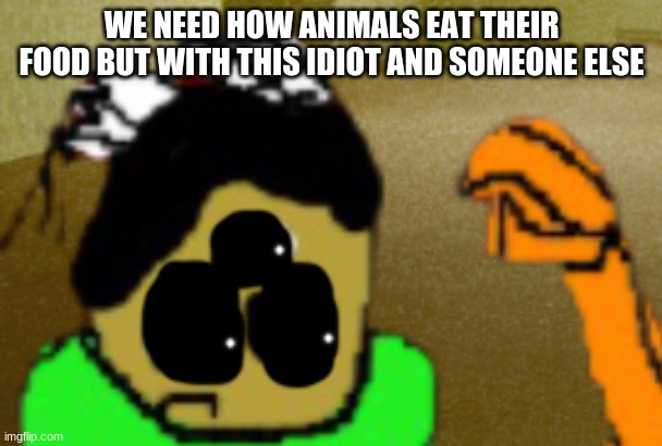 the other person is eating the food normally | WE NEED HOW ANIMALS EAT THEIR FOOD BUT WITH THIS IDIOT AND SOMEONE ELSE | image tagged in idiot in fear | made w/ Imgflip meme maker