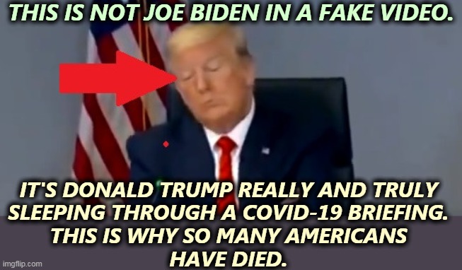 Biden doesn't nap. Trump did, all the time. | THIS IS NOT JOE BIDEN IN A FAKE VIDEO. IT'S DONALD TRUMP REALLY AND TRULY 
SLEEPING THROUGH A COVID-19 BRIEFING. 
THIS IS WHY SO MANY AMERICANS 
HAVE DIED. | image tagged in president trump falls asleep during a covid-19 briefing,trump,asleep,biden,awake | made w/ Imgflip meme maker