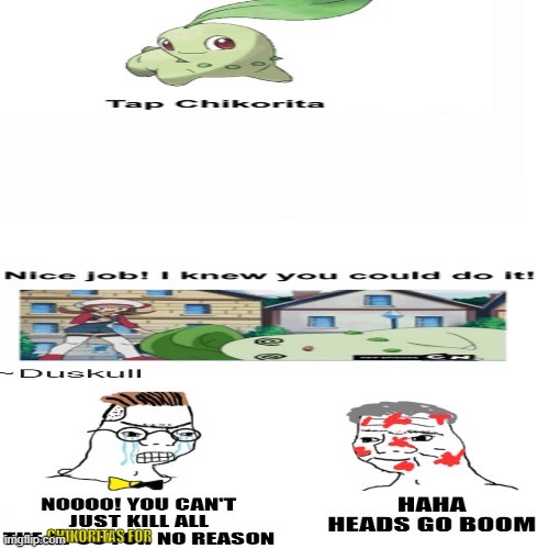 NOOOOOOOOOOOOOOOOOOoOooooooooooOOOOOOOOOOOOOOO | CHIKORITAS FOR | image tagged in oh wow are you actually reading these tags,stop reading the tags,pizza time stops,nooo haha go brrr,chikorita | made w/ Imgflip meme maker