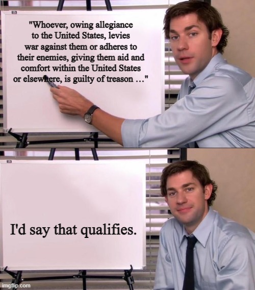 Jim Halpert Explains | "Whoever, owing allegiance to the United States, levies war against them or adheres to their enemies, giving them aid and comfort within the | image tagged in jim halpert explains | made w/ Imgflip meme maker