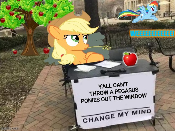 Change Applejack's Mind | Y'ALL CAN'T THROW A PEGASUS PONIES OUT THE WINDOW WEEEEEEEEEEEE! | image tagged in change applejack's mind | made w/ Imgflip meme maker