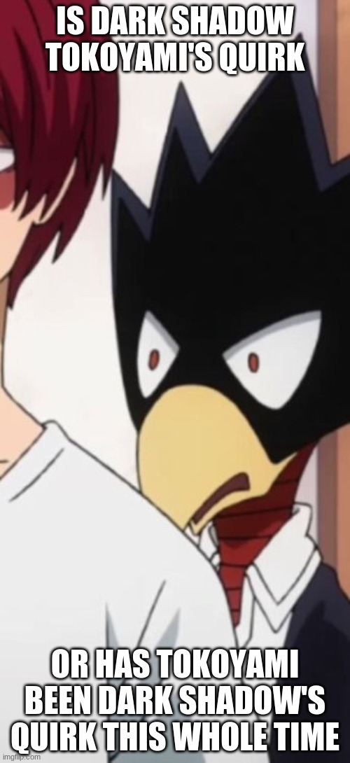 *thinking intensifies* | IS DARK SHADOW TOKOYAMI'S QUIRK; OR HAS TOKOYAMI BEEN DARK SHADOW'S QUIRK THIS WHOLE TIME | image tagged in tokoyami is disgusted | made w/ Imgflip meme maker