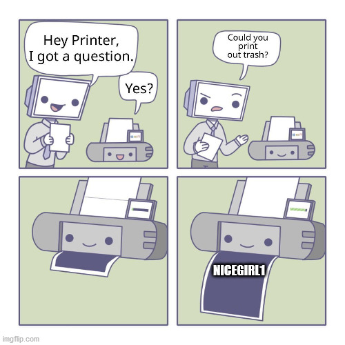 Hey Printer | NICEGIRL1 | image tagged in hey printer | made w/ Imgflip meme maker