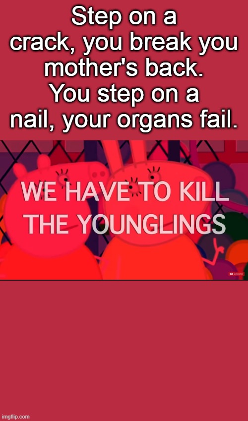 we have to kill the younglings | Step on a crack, you break you mother's back. You step on a nail, your organs fail. | image tagged in we have to kill the younglings | made w/ Imgflip meme maker