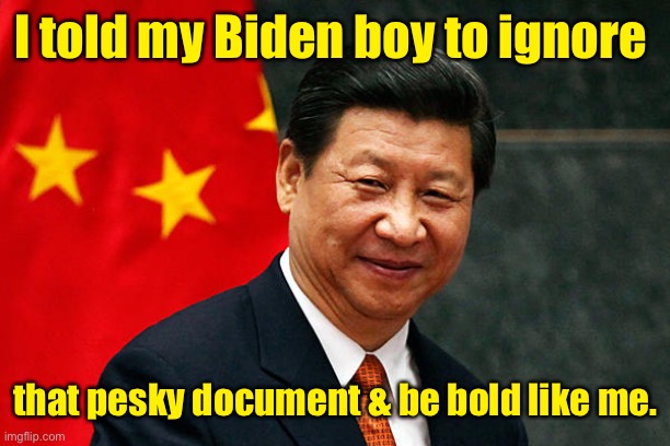 Xi Jinping | I told my Biden boy to ignore that pesky document & be bold like me. | image tagged in xi jinping | made w/ Imgflip meme maker