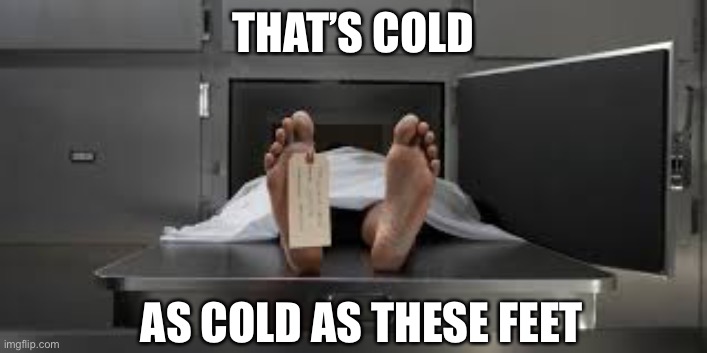 Cold feet? You might be dead | THAT’S COLD; AS COLD AS THESE FEET | image tagged in morgue feet,cold,corpse party | made w/ Imgflip meme maker