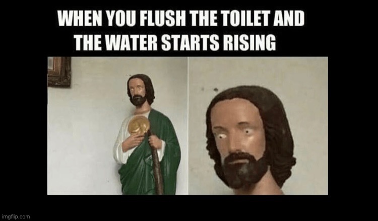 The face says it all | image tagged in god,scared,waffle,water,toilet,toilet humor | made w/ Imgflip meme maker