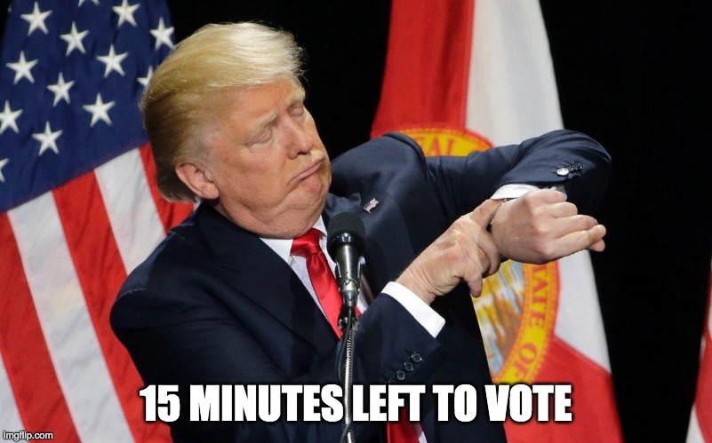 Approximately 25 voters made the Right choice. | 15 MINUTES LEFT TO VOTE | image tagged in donald trump,memes,politics,election,campaign,countdown | made w/ Imgflip meme maker