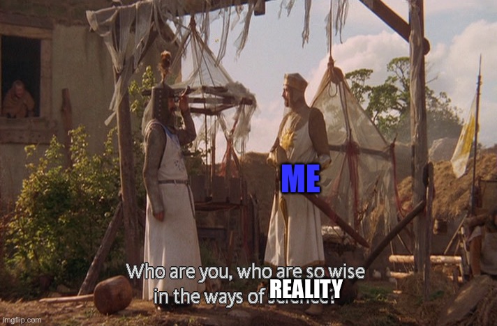 REALITY ME | image tagged in who are you so wise in the ways of science | made w/ Imgflip meme maker