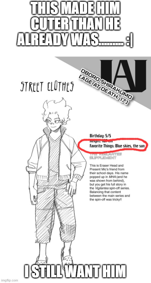 how come I realized this said this now | THIS MADE HIM CUTER THAN HE ALREADY WAS......... :|; I STILL WANT HIM | image tagged in shirakumo,mha,rooftop squad,the 3 dumigos,oboro,loud cloud | made w/ Imgflip meme maker