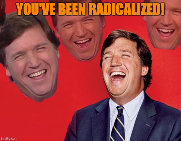 tucker carlson laughing at libs CROPPED | YOU'VE BEEN RADICALIZED! | image tagged in tucker carlson laughing at libs cropped | made w/ Imgflip meme maker