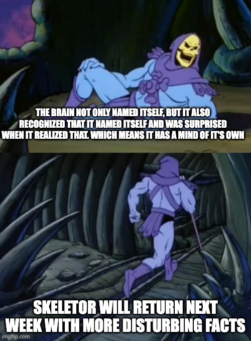 Disturbing Facts Skeletor | THE BRAIN NOT ONLY NAMED ITSELF, BUT IT ALSO RECOGNIZED THAT IT NAMED ITSELF AND WAS SURPRISED WHEN IT REALIZED THAT. WHICH MEANS IT HAS A MIND OF IT'S OWN; SKELETOR WILL RETURN NEXT WEEK WITH MORE DISTURBING FACTS | image tagged in disturbing facts skeletor,skeletor | made w/ Imgflip meme maker