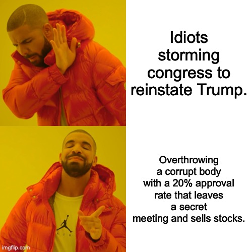 Drake Hotline Bling Meme | Idiots storming congress to reinstate Trump. Overthrowing a corrupt body with a 20% approval rate that leaves a secret meeting and sells stocks. | image tagged in memes,drake hotline bling | made w/ Imgflip meme maker