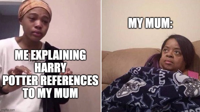 Me explaining to my mom | MY MUM:; ME EXPLAINING HARRY POTTER REFERENCES TO MY MUM | image tagged in me explaining to my mom | made w/ Imgflip meme maker