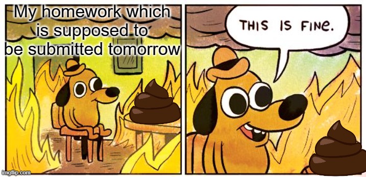 Im doing this insted of doing my homeworks | My homework which is supposed to be submitted tomorrow | image tagged in memes,this is fine | made w/ Imgflip meme maker