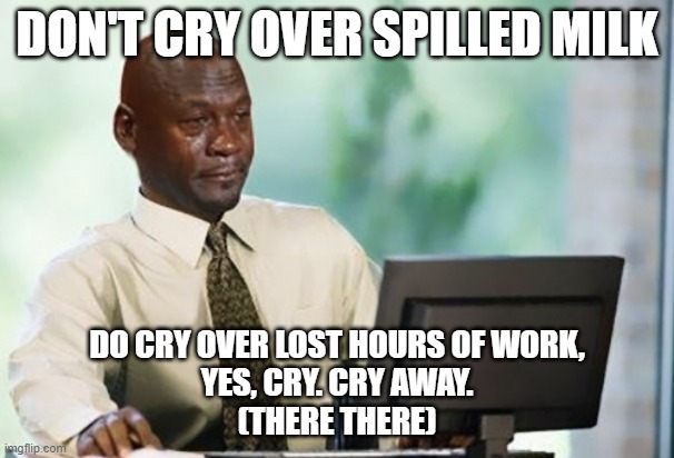 DO Cry over lost work | DON'T CRY OVER SPILLED MILK; DO CRY OVER LOST HOURS OF WORK,
 YES, CRY. CRY AWAY. 
(THERE THERE) | image tagged in sad computer guy | made w/ Imgflip meme maker